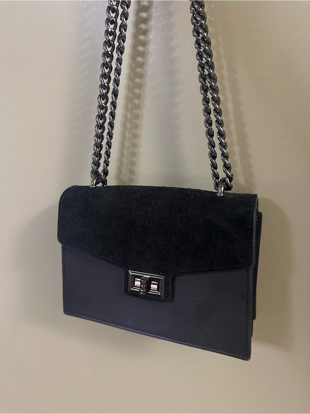 Black Suede & Leather Chain Shoulder Bag